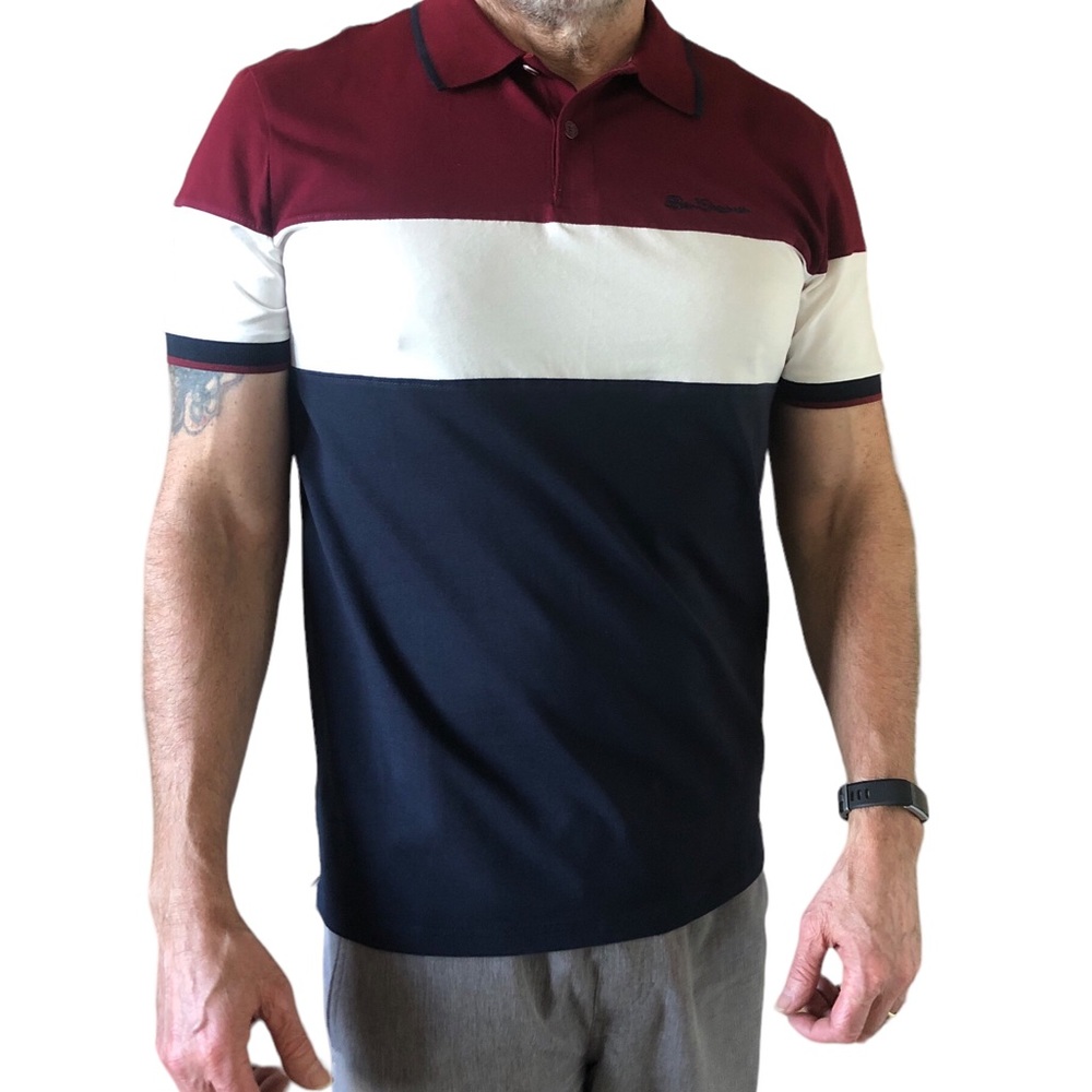 Ben Sherman Men's Two Button Colorblock Polo Shirt Sonoma Red Burgundy L